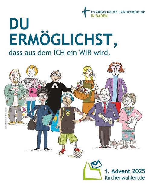 Der Ausspruch: Du ermöglichst Kirche und dazu sind Personae abgebildet, die sich in der Kirche engagieren können.