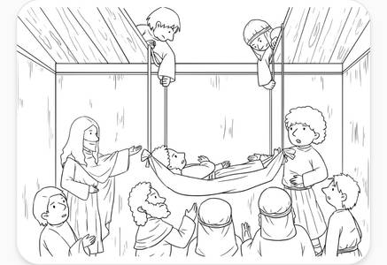 Freunde lassen die Trage mit ihrem Freund durch das Hausdach herunter zu Jesus, der heilende Worte spricht.